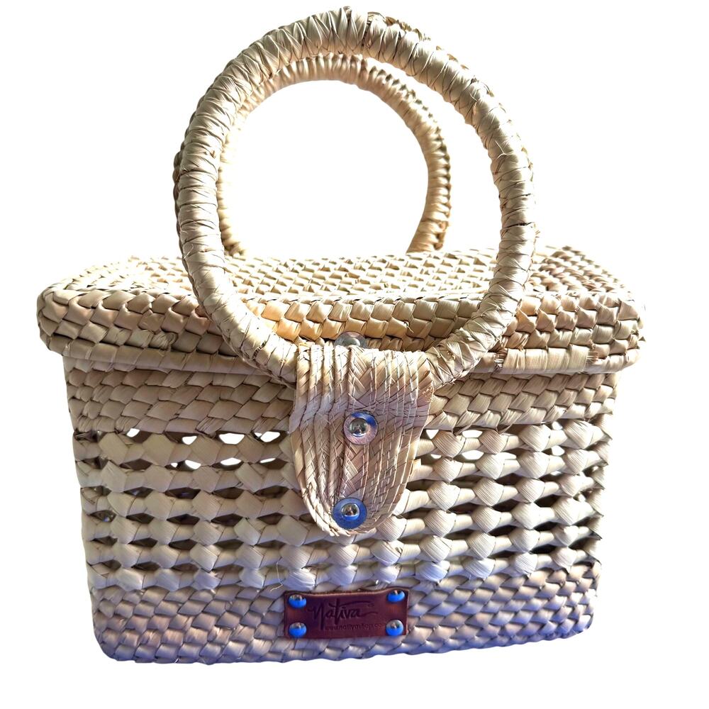Nativa Handwoven Straw Box Basket Bag Rattan Top Handle Boho